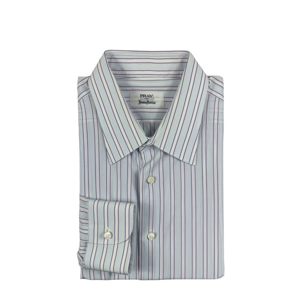 Fray Neiman Marcus Mens Large Blue Purple Striped Cotton Button Front Shirt